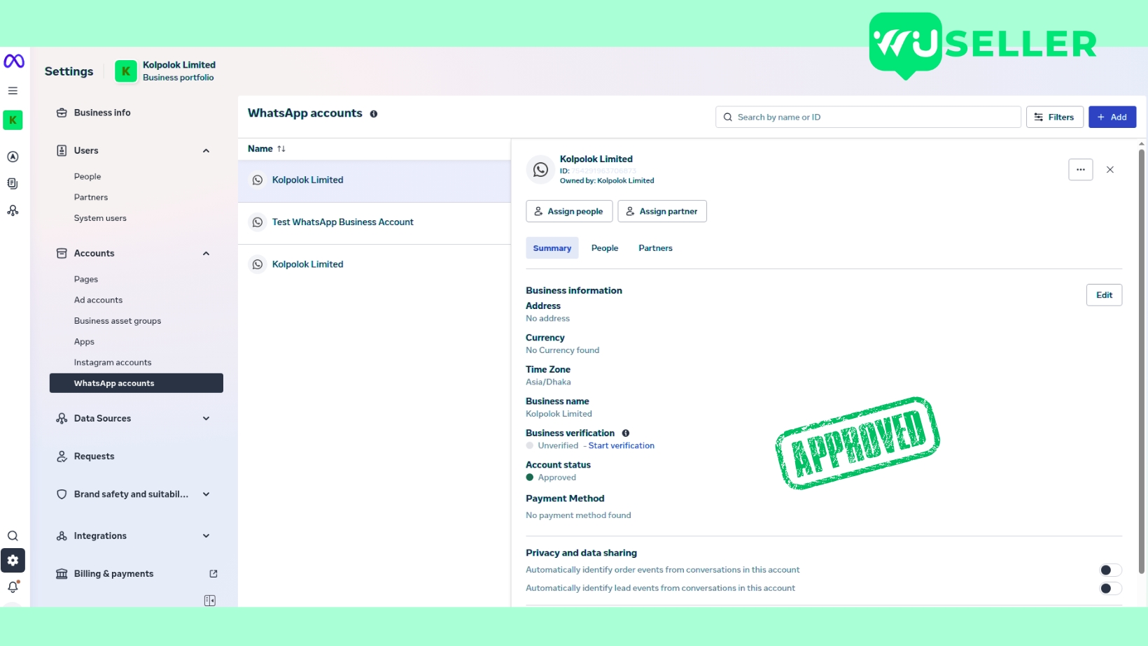Screenshot of a WhatsApp Business profile optimized for WhatsApp Business number warm-up, including business name, website, and hours